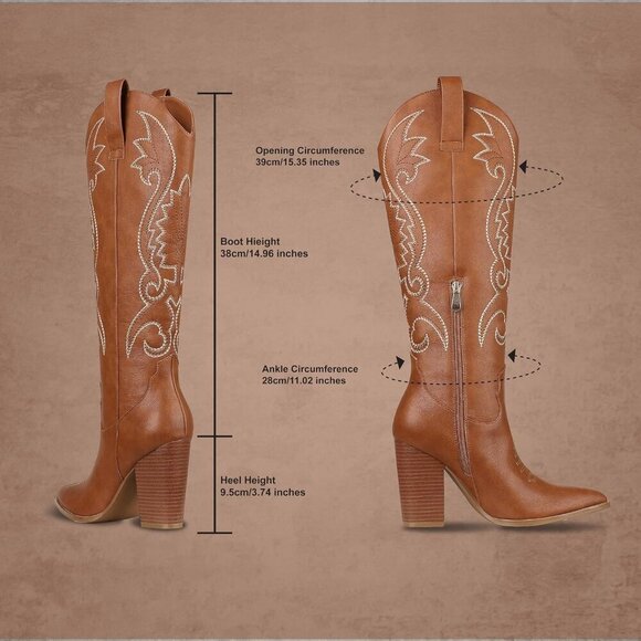 🆕Women Brown Knee High Pointed Toe Chunky High Heels Pull-on Embroidered Boots - Picture 3 of 7